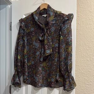 Anthropologie Blue and Brown Ruffled Long Sleeve Blouse